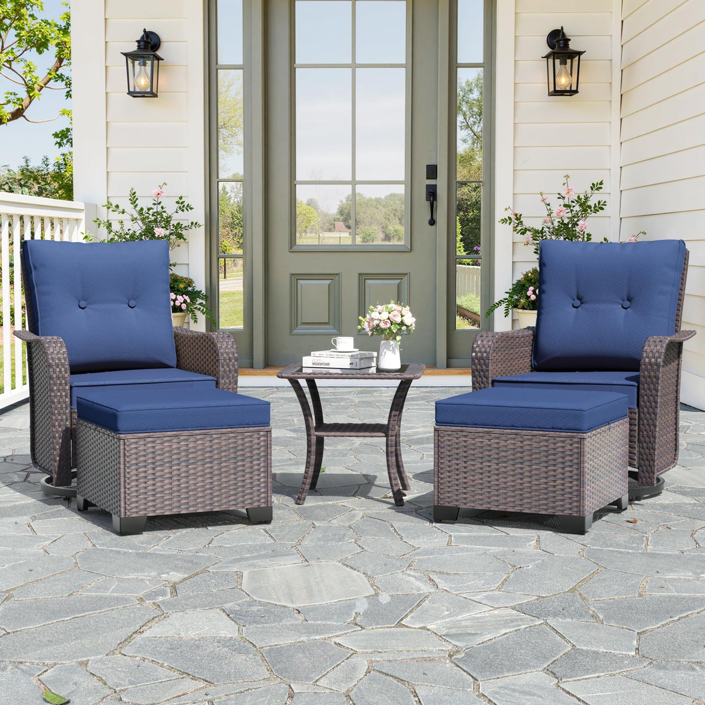 Gotland 5 Pieces Outdoor Swivel Chairs Set,Patio Wicker Rocker Chairs with 4" Thick Cushions,Side Table and Ottomans,Patio Conversation Furniture Set for Patio Porch Deck Backyard