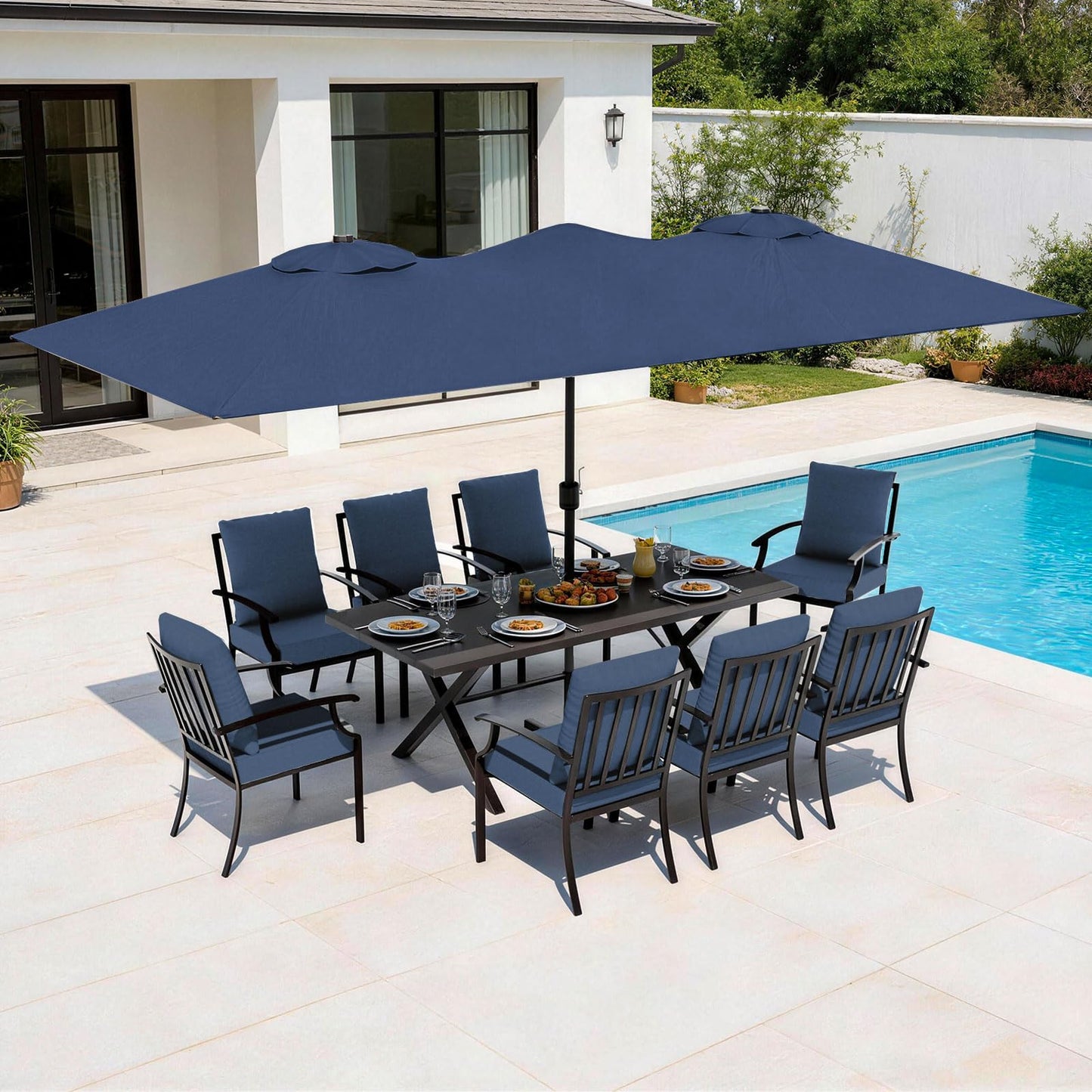 Gotland 10PCS Patio Conversation Set, Metal Outdoor Furniture Set Includes 13.6FT Umbrella, Hole Cut-Out 78.7" x 35.4" Table and 8 Metal Stackable chairs for Backyard Garden