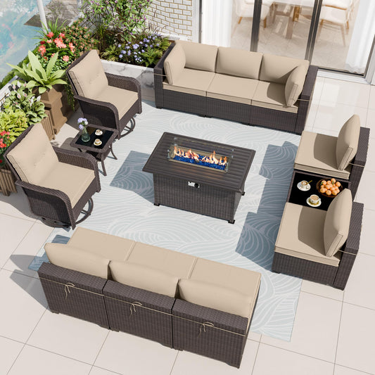 ALAULM 13-Piece Outdoor Patio Furniture Set with Swivel Chairs & CSA-Certified Fire Pit