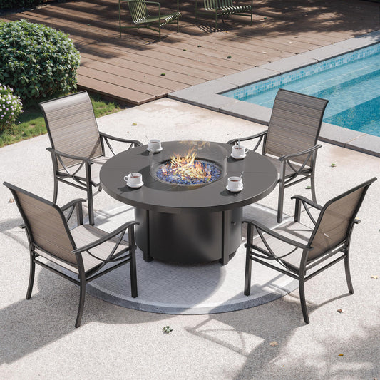 ALAULM 5 Piece Outdoor Conversation Sets, 4 Textilene Fabric Swivel Chairs with Metal Frame and w/48in Propane Round Fire Pit Table for Deck Garden Backyard Porch,Brown