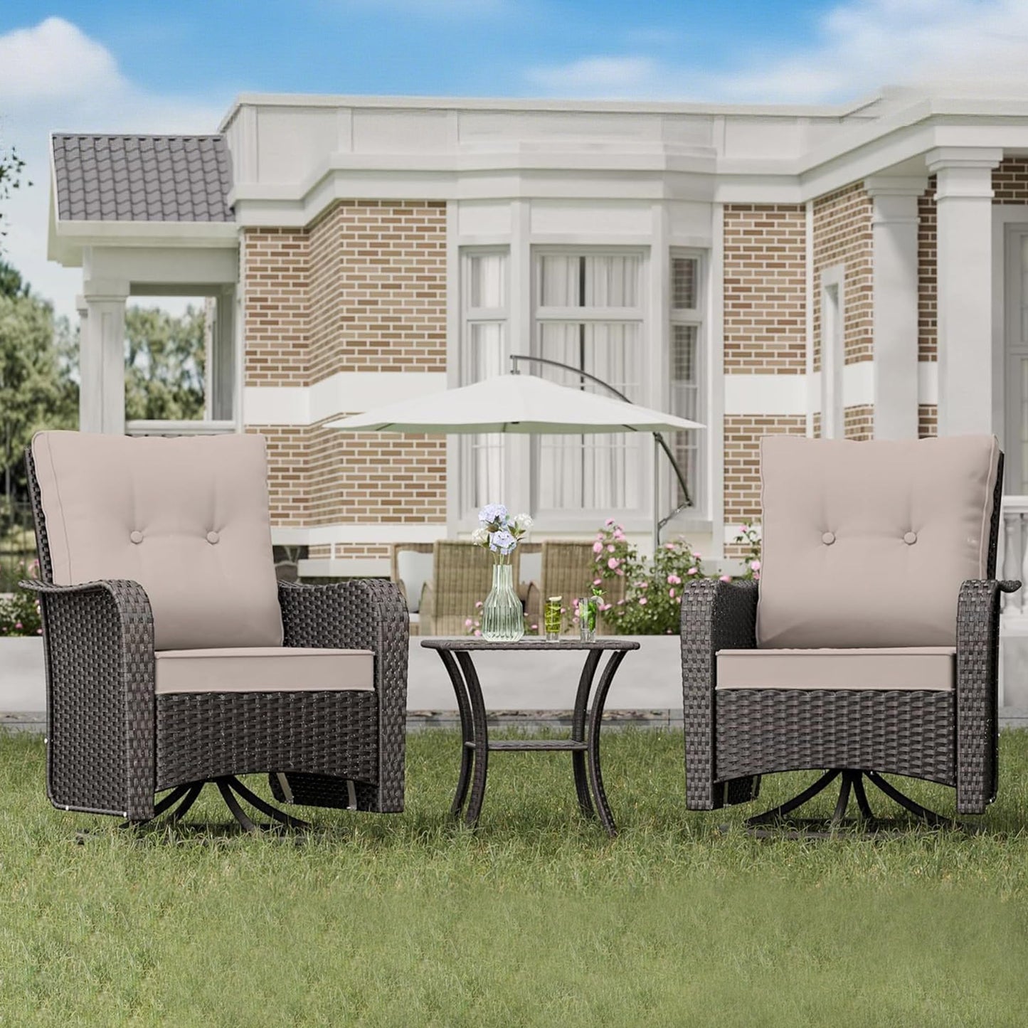 Gotland 3-Piece All-Weather Outdoor Patio Set, Wicker Swivel Chairs and Side Table, Durable Conversation Furniture for Backyard, Porch, Balcony, Deck