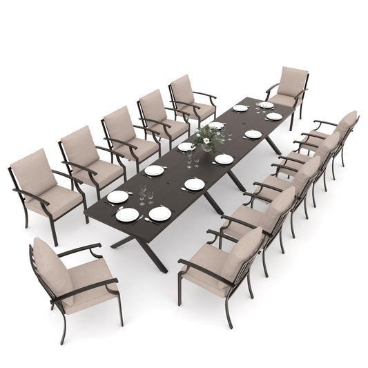 Gotland 14 Piece Outdoor Dining Set, Metal Outdoor Table and Chairs with X-Shaped Legs 1.5" Umbrella Hole, Patio Furniture Set with Waterproof Cushions,for Backyard Deck