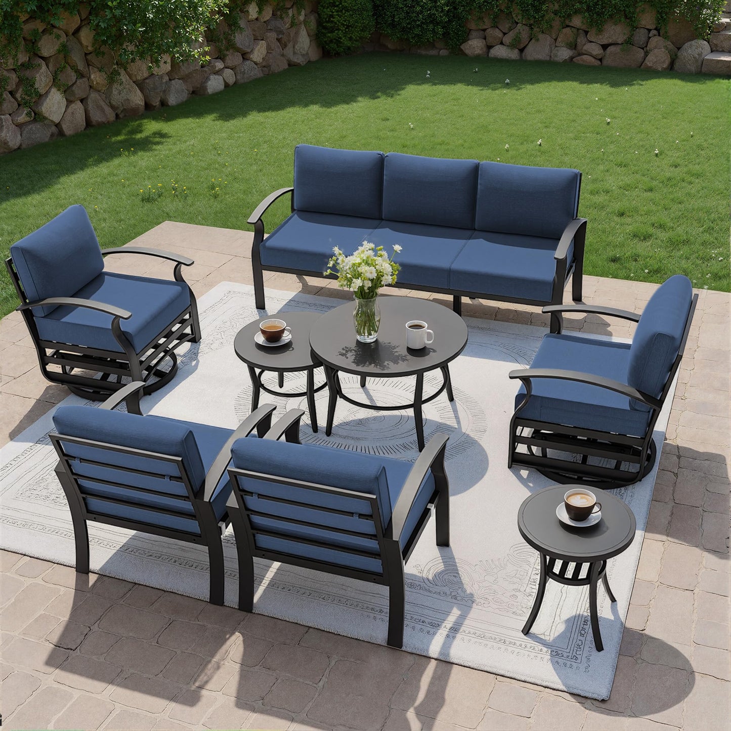 Gotland 7 Piece Aluminum Patio Furniture Set,Modern Metal Outdoor Patio Furniture w/5.1'' Thick Cushion,Swivel Chairs and Round Coffee Table,Patio Conversation Sets for Porch,Deck