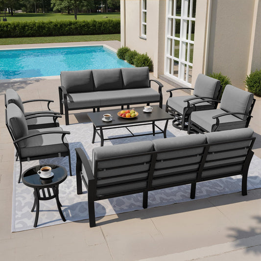 Gotland 10 PieceAluminum Patio Furniture Set,Modern Metal Outdoor Patio Furniture w/5.1'' Thick Cushion,Swivel Chairs and Rectangular Coffee Table,Patio Conversation Sets for Porch,Deck