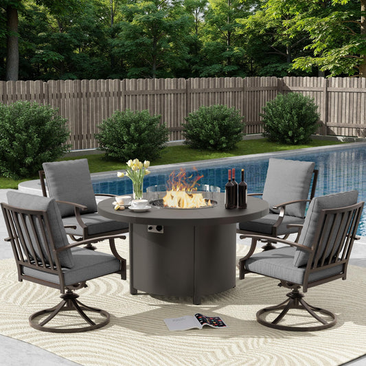 ALAULM 5PCS Metal Outdoor Patio Furniture Set with 48"/55000 BTU Round Fire Pit Table,Outdoor Dining Table Set 4 Swivel Chairs No-Slip Cushion