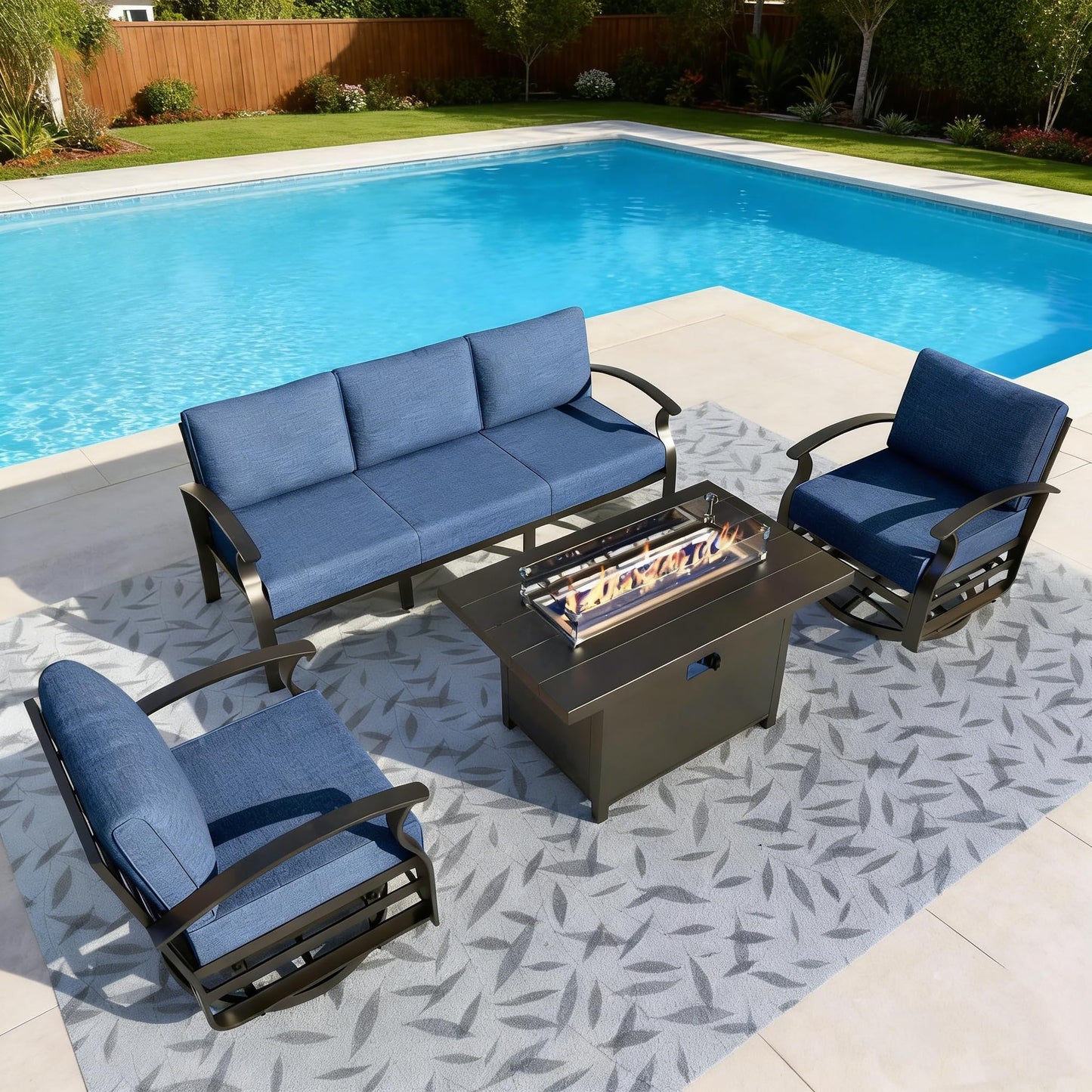 Gotland 5 Seats Outdoor Metal Patio Furniture Set with 2 Swivel Rocking Chairs&55,000 BTU Gas Fire Pit Table w/Glass Wind Guard Patio Conversation Sectional Sofa Sets