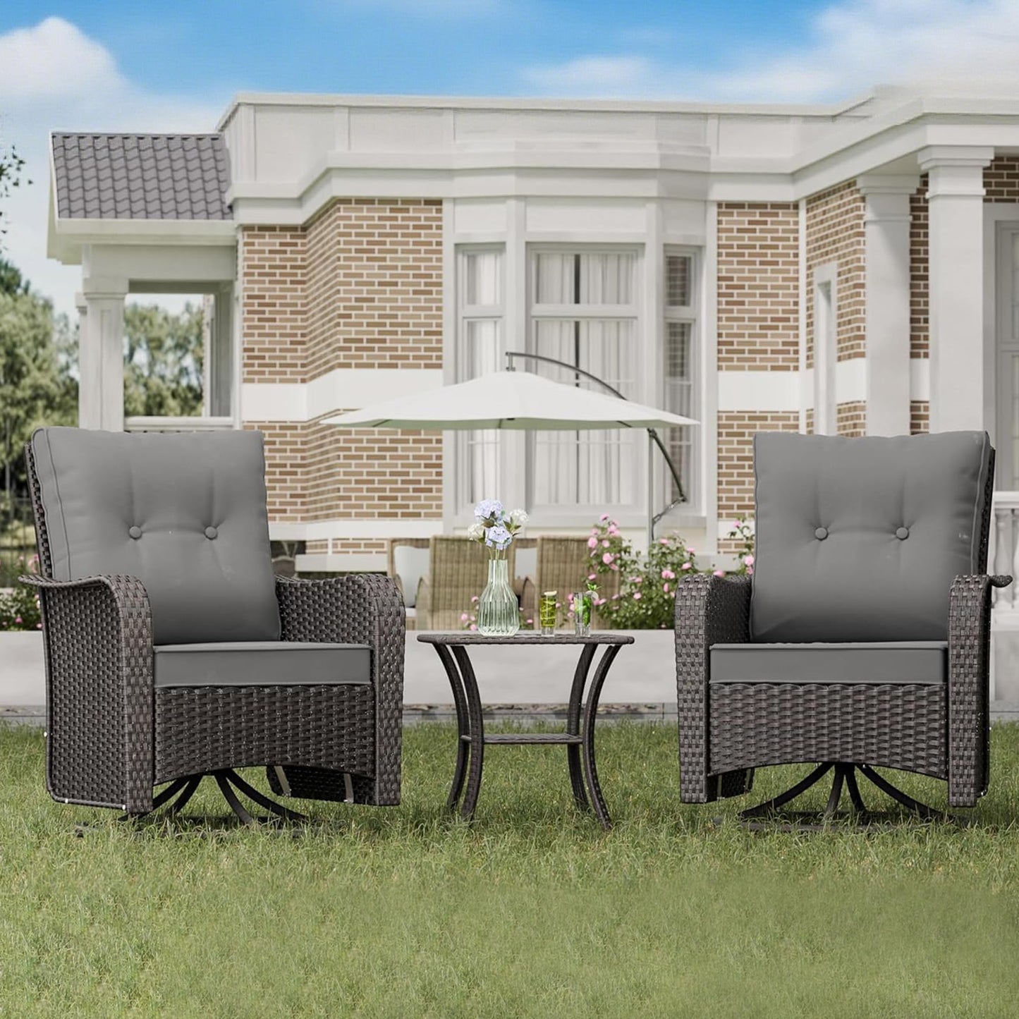 Gotland 3-Piece All-Weather Outdoor Patio Set, Wicker Swivel Chairs and Side Table, Durable Conversation Furniture for Backyard, Porch, Balcony, Deck