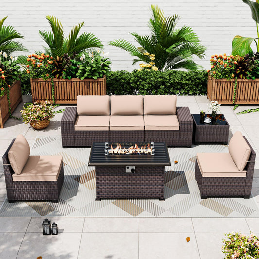 ALAULM 7-Piece Patio Conversation Set with Propane Fire Pit Table, Sand