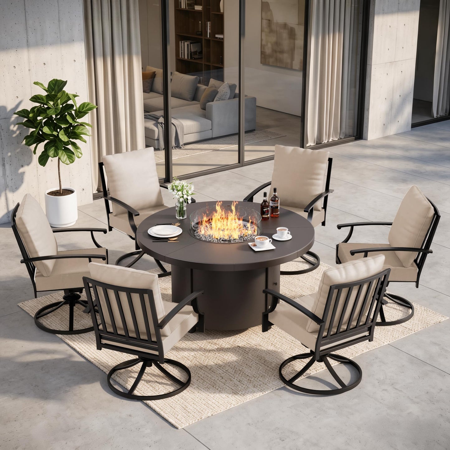 Gotland 7-Piece Outdoor Patio Dining Set, 48 Inch Round Propane Fire Pit Table with 6 Swivel Rocking Chairs, All Weather Patio Conversation Furniture for Backyard Deck Garden, Gray