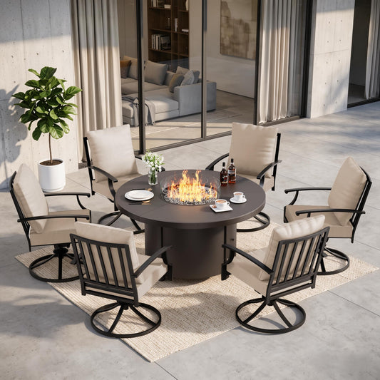 Gotland 7-Piece Outdoor Patio Dining Set, 48 Inch Round Propane Fire Pit Table with 6 Swivel Rocking Chairs, All Weather Patio Conversation Furniture for Backyard Deck Garden, Gray