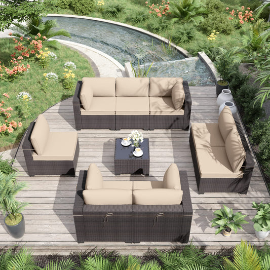 ALAULM 9-Piece Outdoor Patio Furniture Set – All-Weather Wicker Sectional Sofa with Cushions & Coffee Table