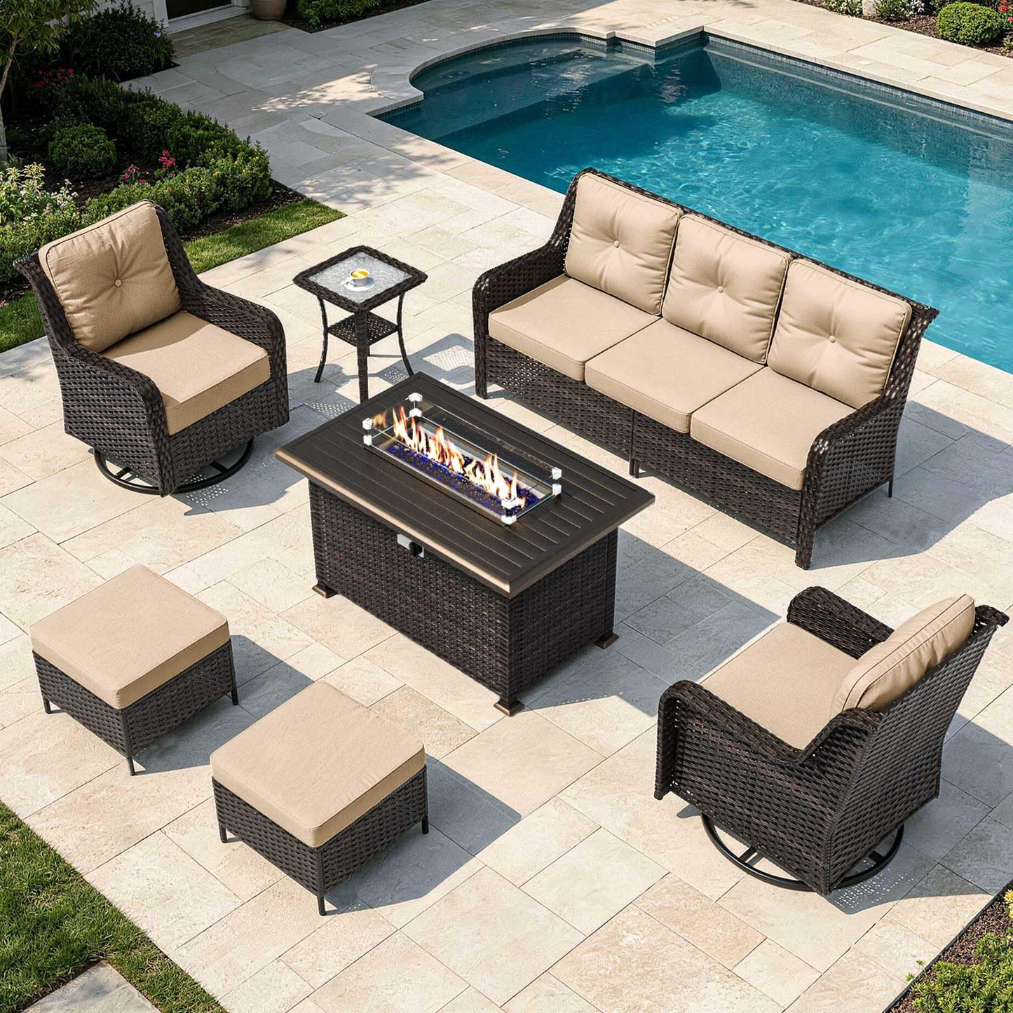 ALAULM 8PCS Patio Furniture Set, Outdoor Thick Wicker Sectional Sofas with Swivel Chair & Ottoman, High Back Sectional Couch with Fire Pit Table, Outdoor Conversation Set for Backyard, Porch, Sand