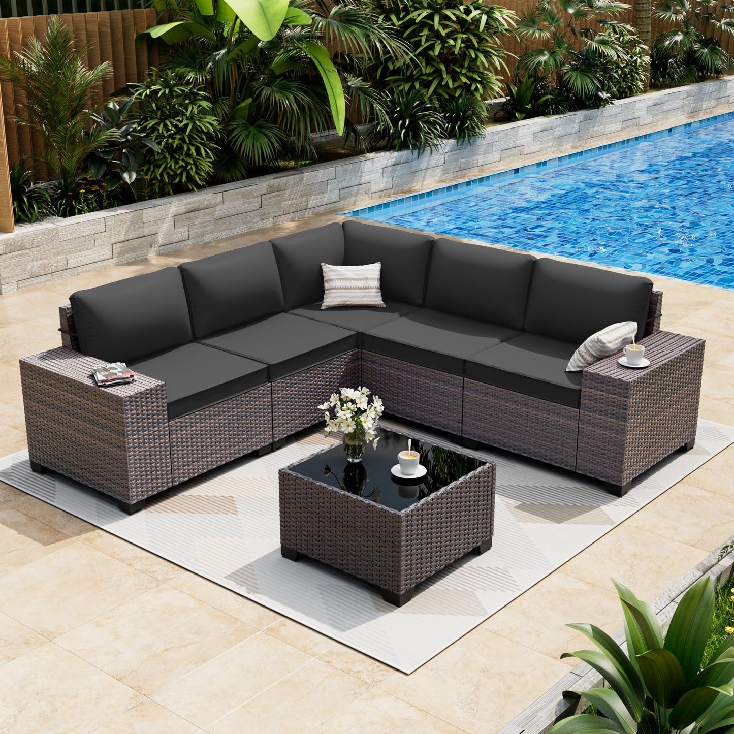 ALAULM 6-Piece Outdoor Patio Conversation Set, Sectional PE Rattan Wicker Furniture