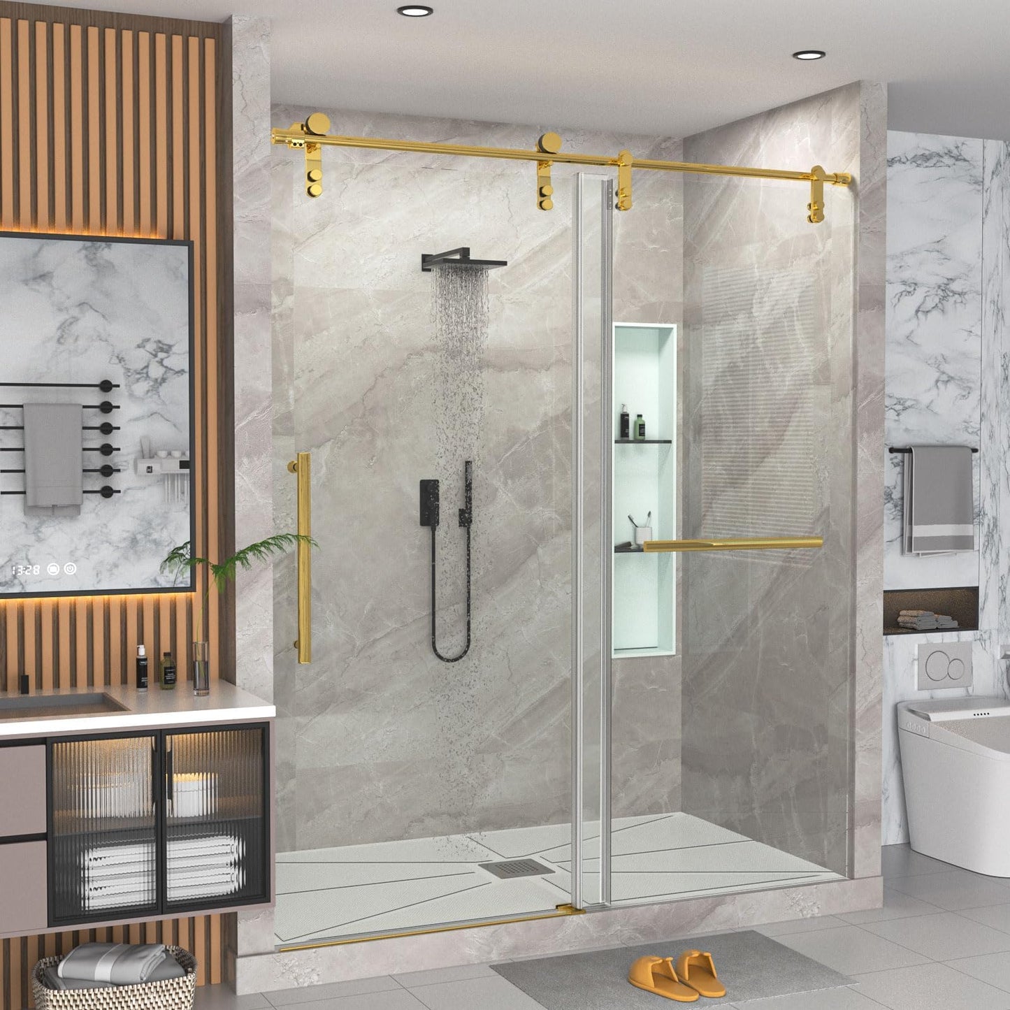 Gotland 56-60" W x 75" H Frameless Shower Door, Sliding Shower Door with 5/16" (8mm) Clear SGCC Tempered Glass Stainless Steel Hardware Waterproof Seal Explosion-Proof Film, Glass Shower Door