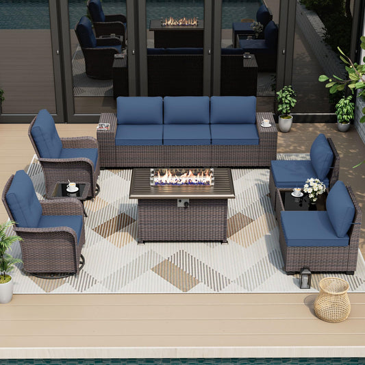 ALAULM 10-Piece Outdoor Patio Furniture Set – Sectional Sofas with Swivel Chairs & Gas Fire Pit