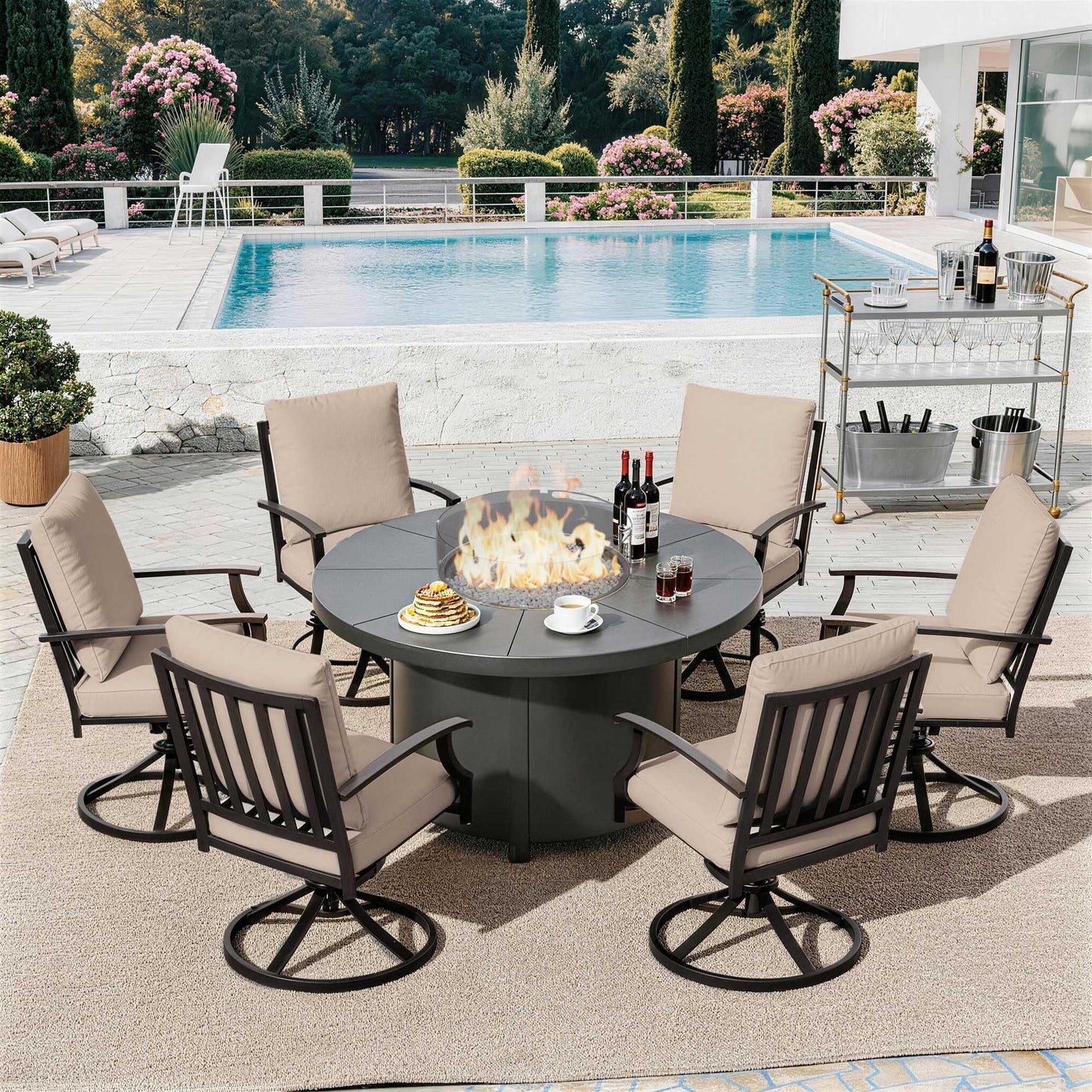 ALAULM 7PCS Metal Outdoor Patio Furniture Set with 48"/55000 BTU Round Fire Pit Table,Outdoor Dining Table Set 6 Swivel Chairs No-Slip Cushions