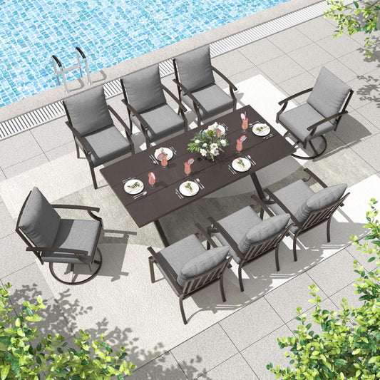 9-Piece Patio Dining Set | Swivel Chairs & Metal Table with Umbrella Hole