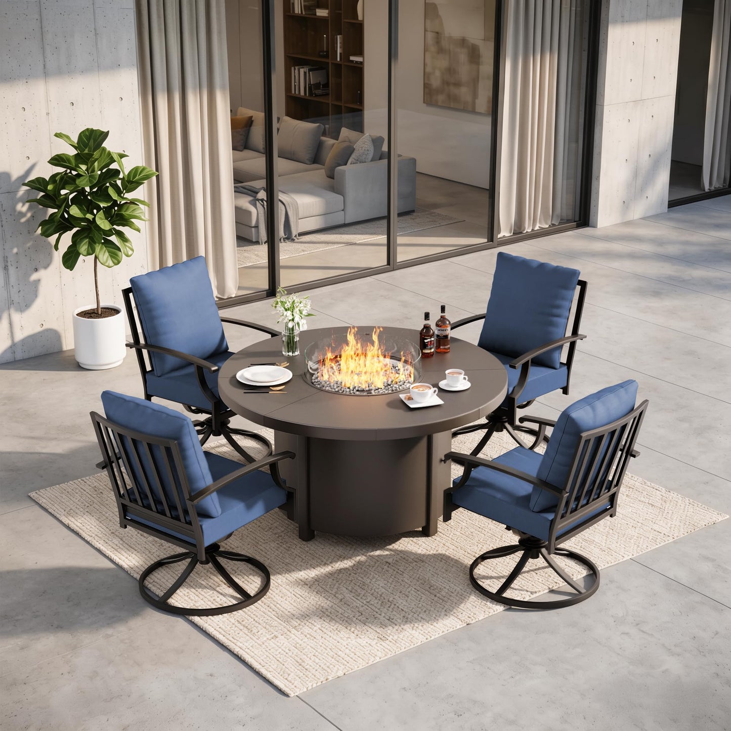 Gotland 5-Piece Outdoor Patio Dining Set, 48 Inch Round Propane Fire Pit Table with 4 Swivel Rocking Chairs, All Weather Patio Conversation Furniture for Backyard Deck Garden, Gray