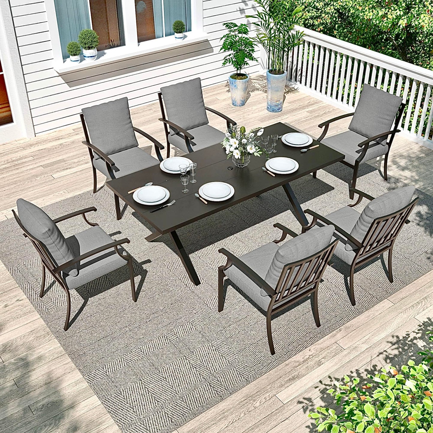 Gotland 7 Piece Outdoor Dining Set, Metal Outdoor Table and Chairs with X-Shaped Legs 1.5" Umbrella Hole, Patio Furniture Set with Waterproof Cushions, Patio Dining Sets for Backyard Deck ,Sand 5 out of 5 stars