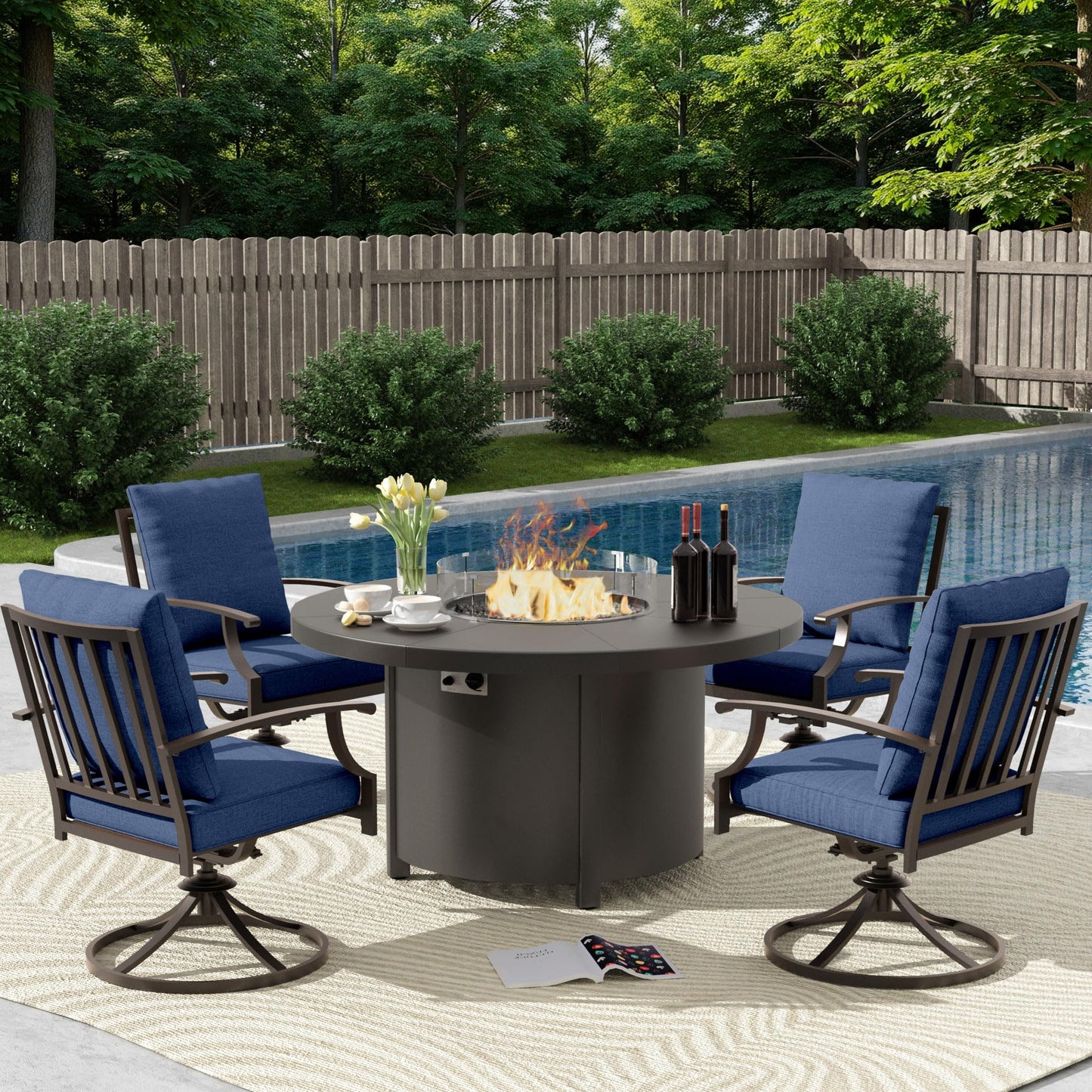 ALAULM 5PCS Metal Outdoor Patio Furniture Set with 48"/55000 BTU Round Fire Pit Table,Outdoor Dining Table Set 4 Swivel Chairs No-Slip Cushion