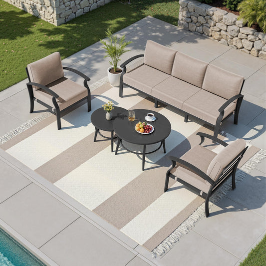 Gotland 5 Piece Aluminum Patio Furniture Set,Modern Metal Outdoor Patio Furniture w/5.1'' Thick Cushion and Round Coffee Table,Patio Conversation Sets for Porch,Deck