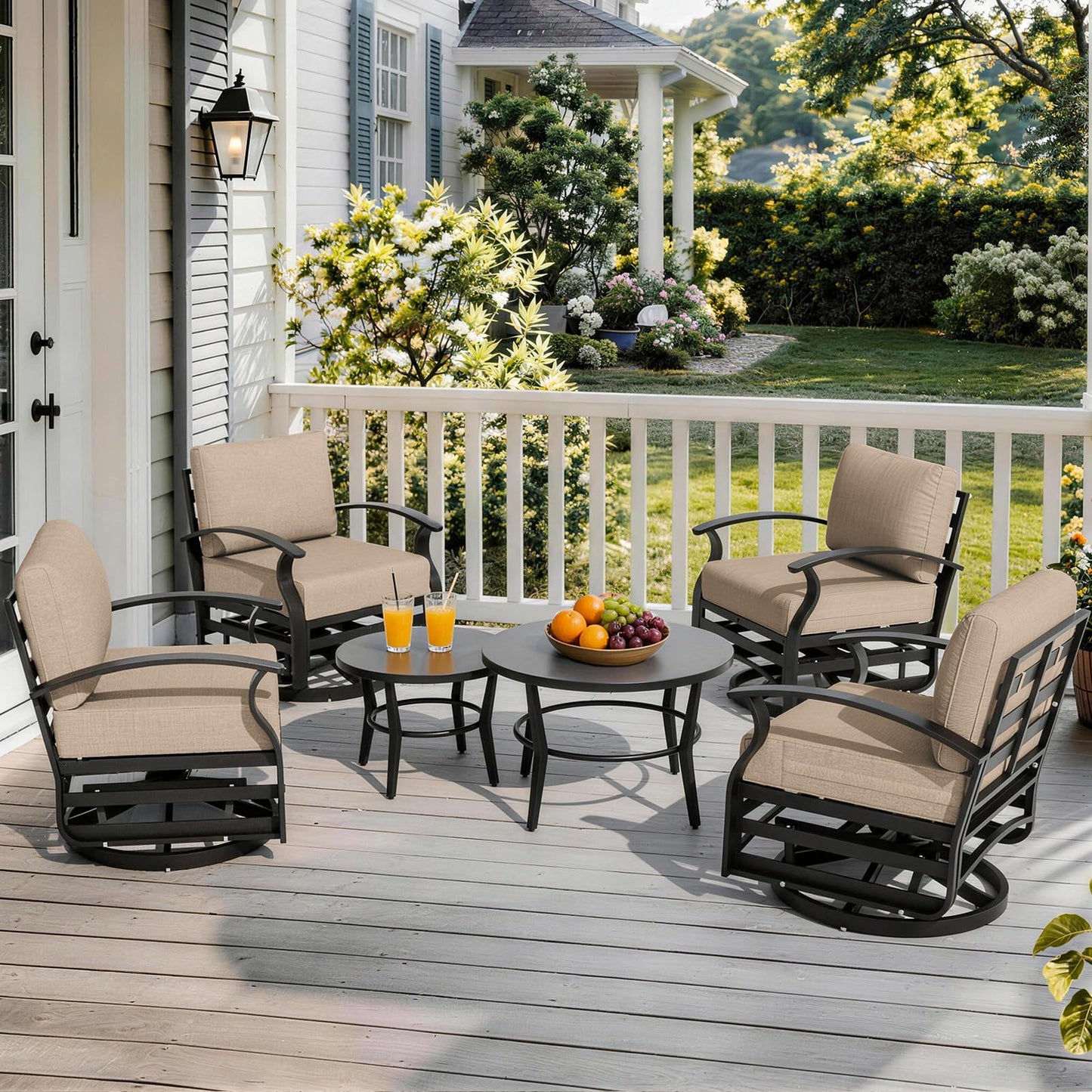 Gotland 6 Piece Patio Set, Aluminum Outdoor Swivel Chairs Set with Round Table 5.1’’ High-Resilience Seat Cushions 29.5" Deep Seating, Metal Patio Furniture Set Patio Conversation Sets