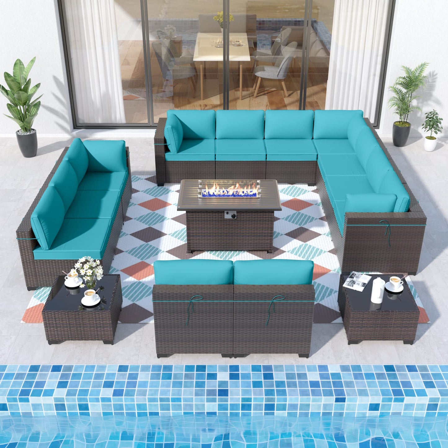 ALAULM 15-Piece Outdoor Patio Sectional Sofa Set with CSA-Certified Propane Fire Pit – Brown PE Rattan, 12 Cushions, and Coffee Tables