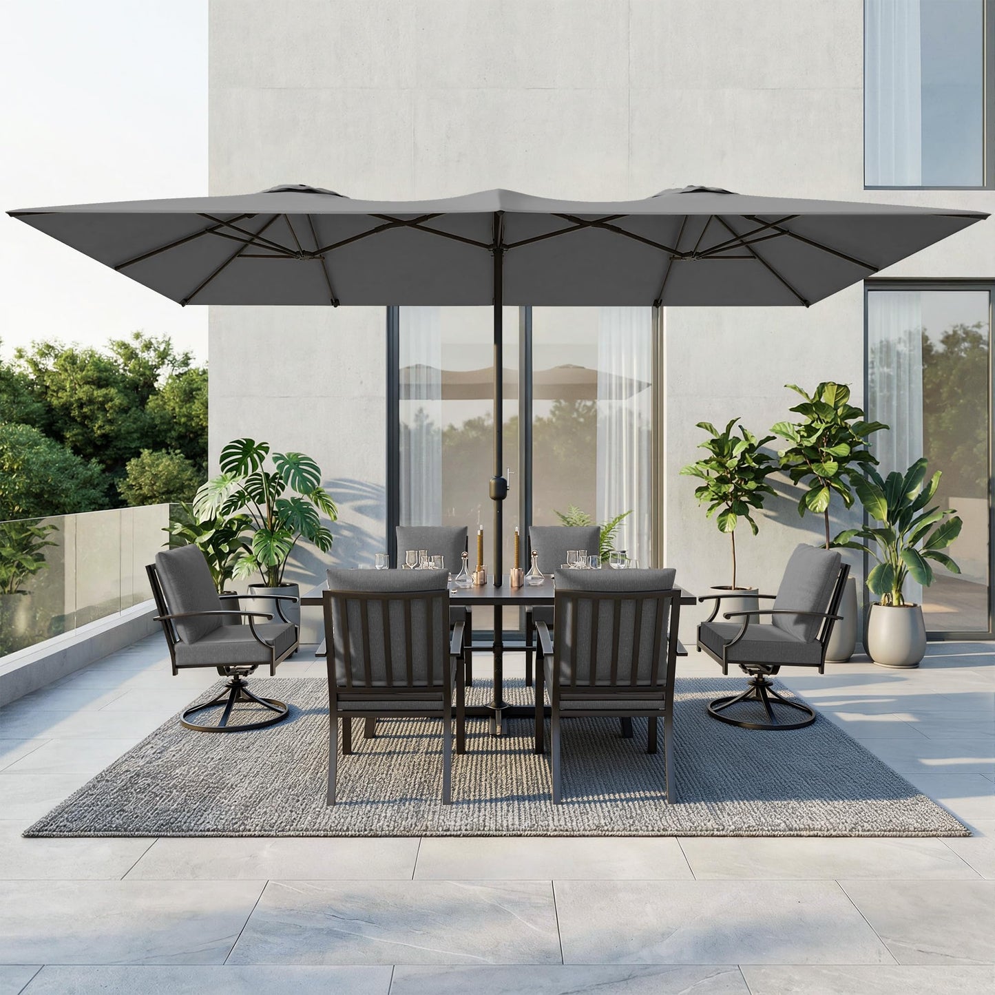 Gotland 8PCS Outdoor Patio Dining Set with 13.6ft Double-Sided Patio Umbrella, Patio Table and Chairs Metal Outdoor Patio Furniture Set, Dining Table Set with 2 Swivel Chairs