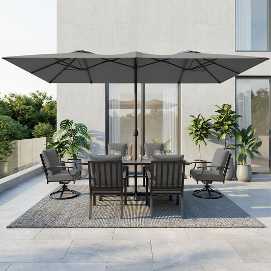 Gotland 8PCS Outdoor Patio Dining Set with 13.6ft Double-Sided Patio Umbrella, Patio Table and Chairs Metal Outdoor Patio Furniture Set, Dining Table Set with 2 Swivel Chairs