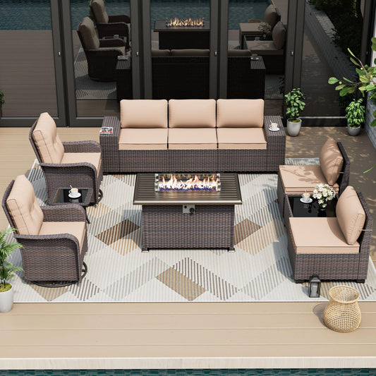 ALAULM 10-Piece Outdoor Patio Furniture Set – Sectional Sofas with Swivel Chairs & Gas Fire Pit