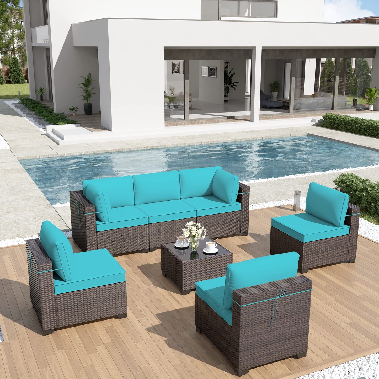 ALAULM 7-Piece Outdoor Patio Furniture Set – All-Weather Wicker Sectional with Coffee Table