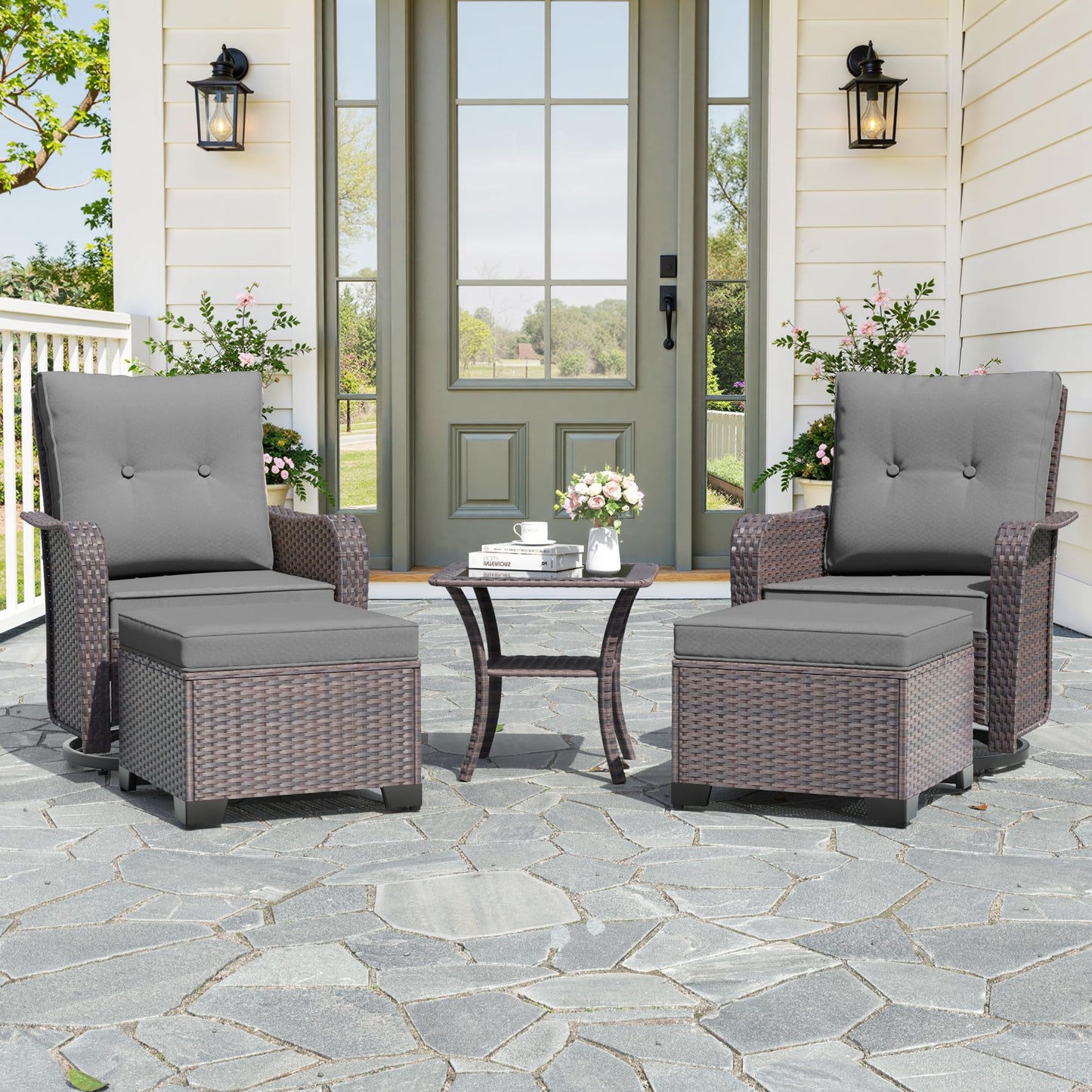 Gotland 5 Pieces Outdoor Swivel Chairs Set,Patio Wicker Rocker Chairs with 4" Thick Cushions,Side Table and Ottomans,Patio Conversation Furniture Set for Patio Porch Deck Backyard