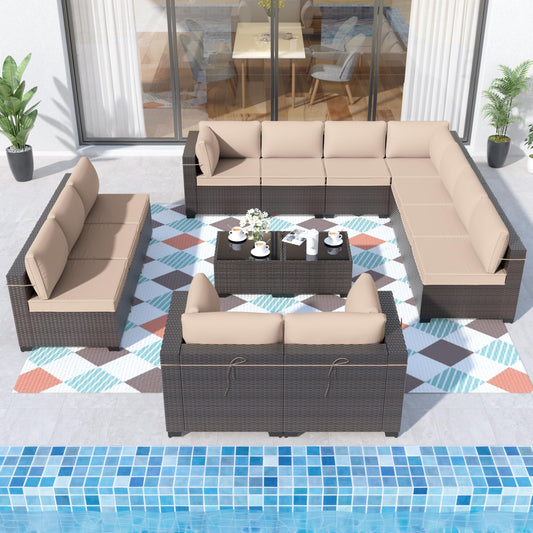 ALAULM 14-Piece Outdoor Patio Sectional Sofa Set with Coffee Tables & Cushions – Brown PE Rattan