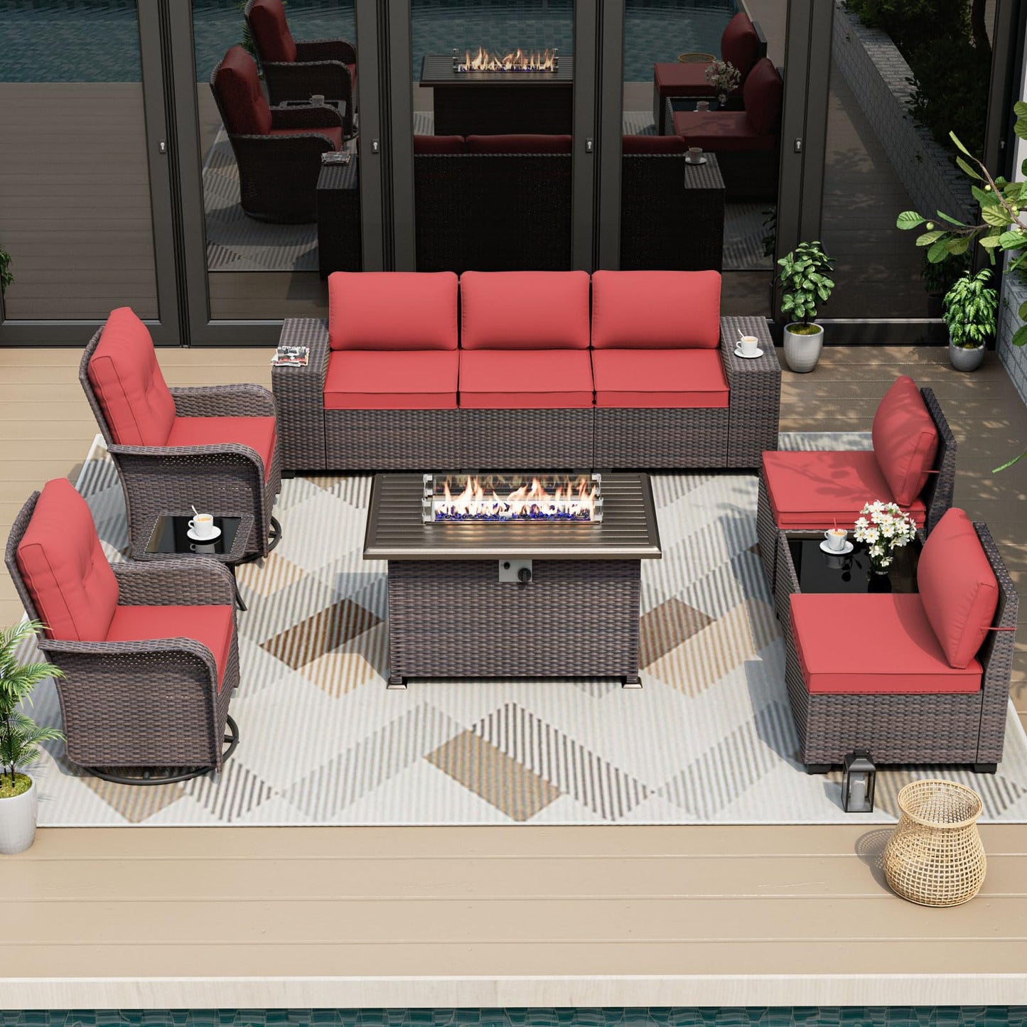 ALAULM 10-Piece Outdoor Patio Furniture Set – Sectional Sofas with Swivel Chairs & Gas Fire Pit