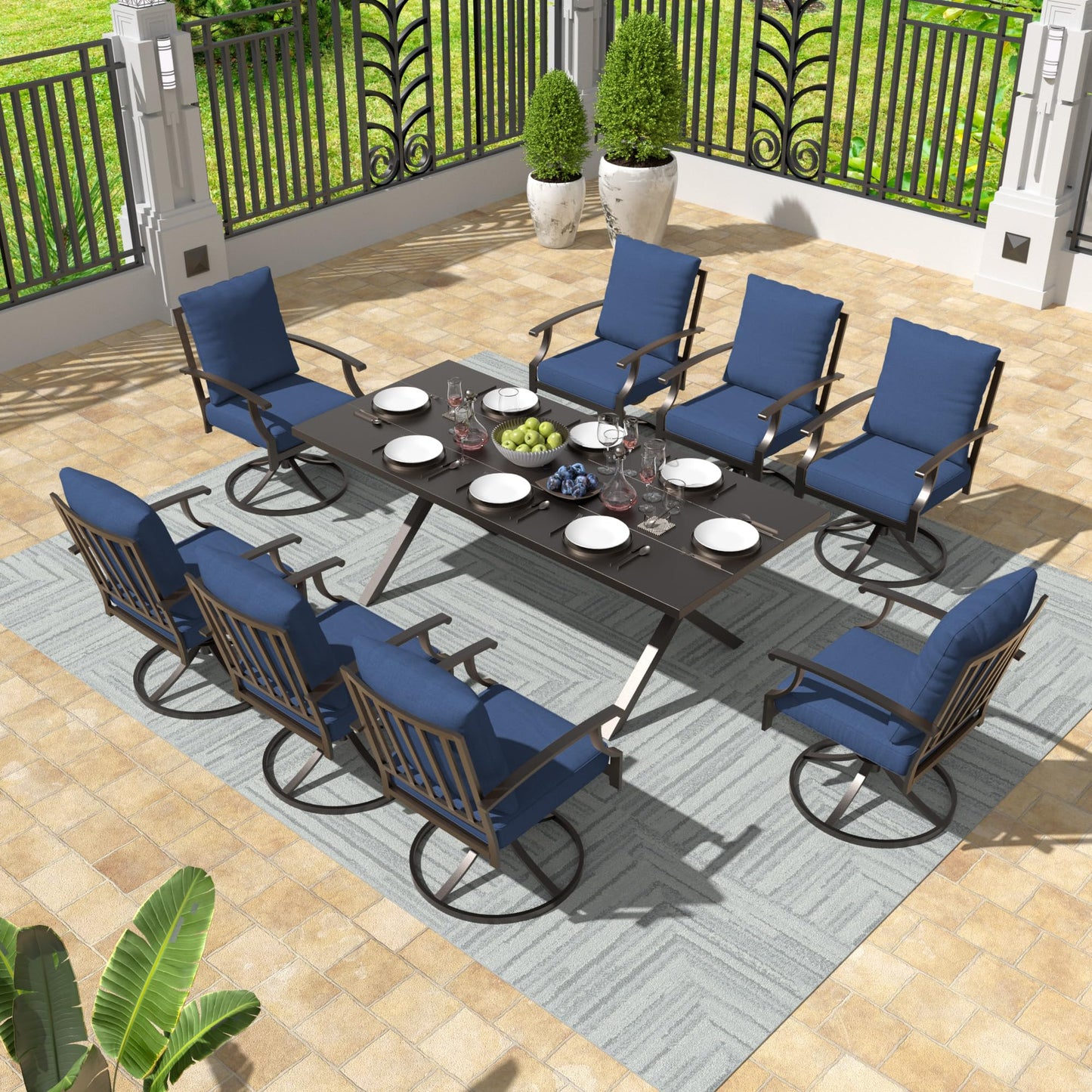 Gotland 9 Piece Outdoor Dining Set, Metal Outdoor Table and 8 Swivel Chairs , Patio Furniture Set with Waterproof Cushions, Patio Dining Sets for Backyard Deck