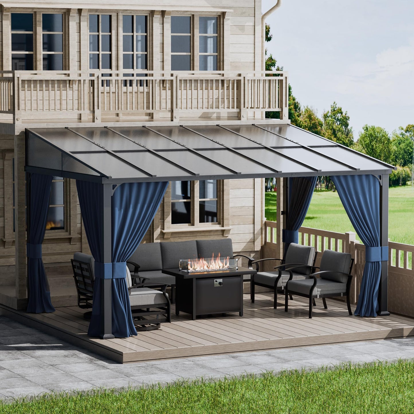 ALAULM 10'x 14' Outdoor Hardtop Gazebo,Wall Mounted Lean to Gazebo with Curtains and Netting,Galvanized Metal Frame,Sunshade for Patio, Backyard, Deck and Lawns (Dark Blue)