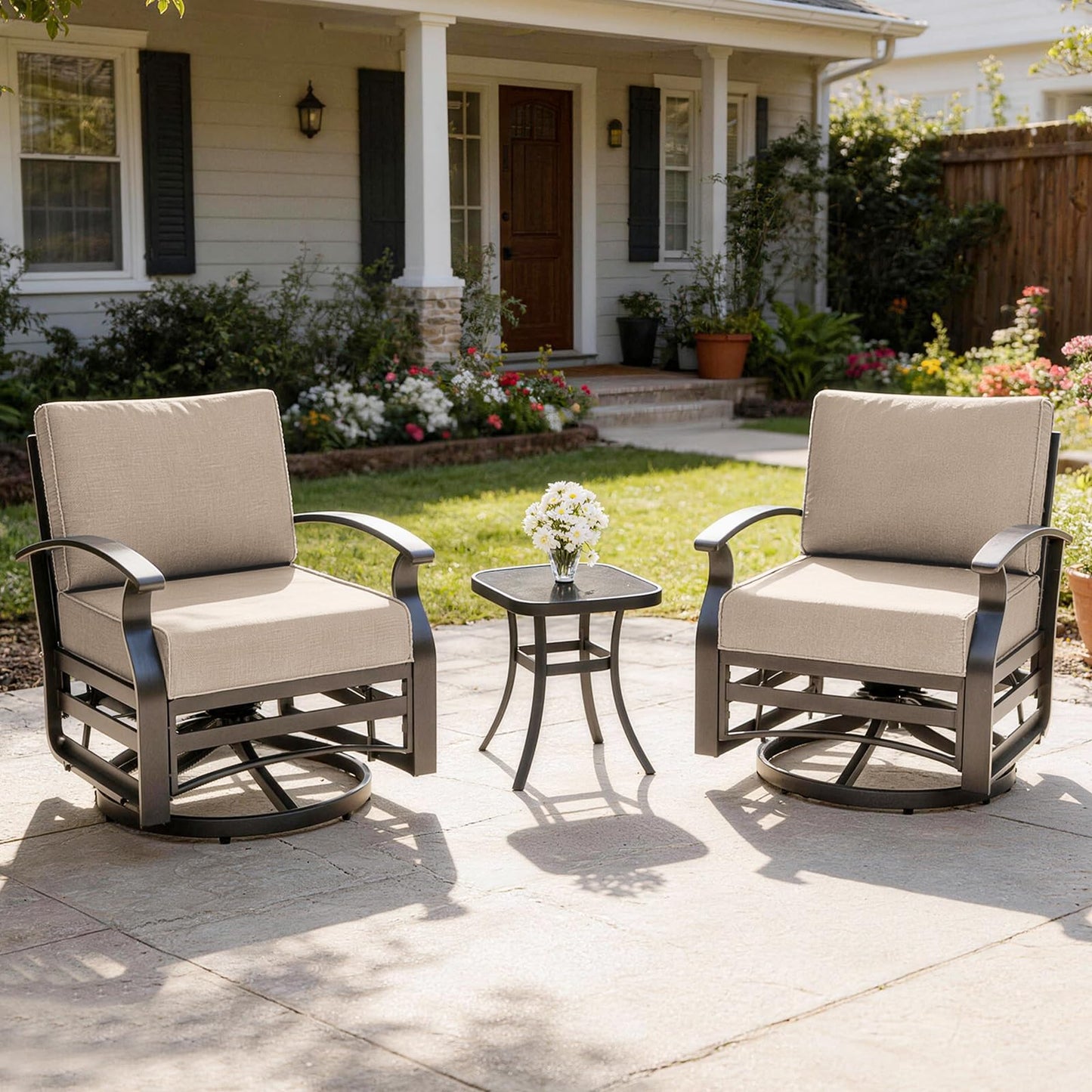 ALAULM 3 Piece Patio Set, Metal Outdoor Swivel Chairs Set of 2 with 5.1’’ High-Resilience Seat Cushions Tempered Glass Coffee Table Removable Cushions for Backyard, Lawn, Porch, Khaki