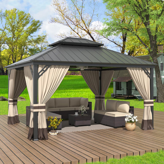 12x14 Hardtop Gazebo | Double Roof, Mesh & Privacy Curtains