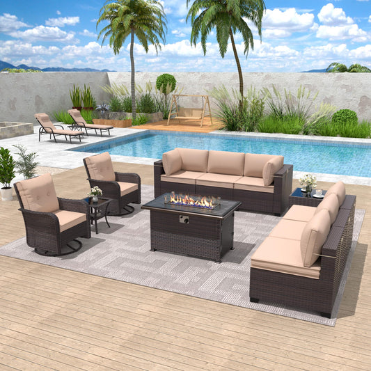 ALAULM 11-Piece Outdoor Patio Furniture Set – Sectional Sofas with Swivel Chairs & Gas Fire Pit