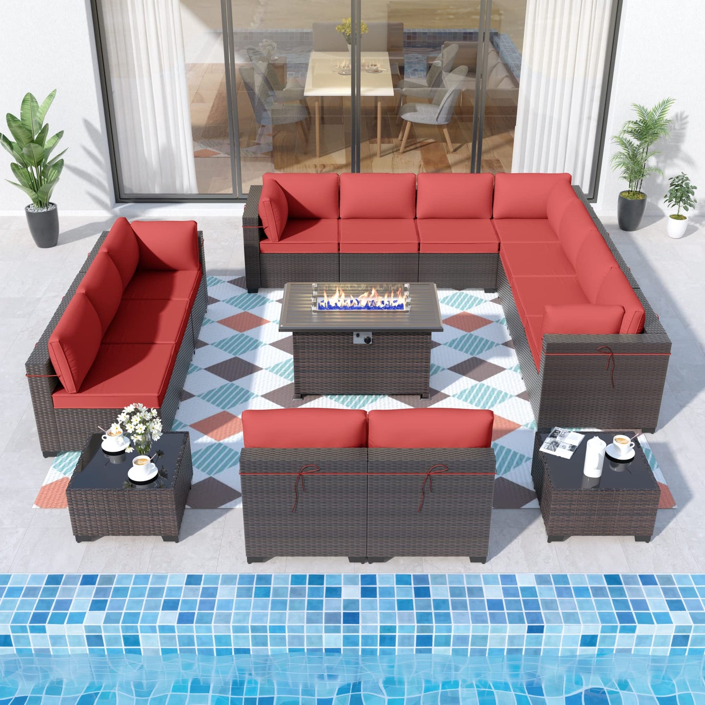 ALAULM 15-Piece Outdoor Patio Sectional Sofa Set with CSA-Certified Propane Fire Pit – Brown PE Rattan, 12 Cushions, and Coffee Tables