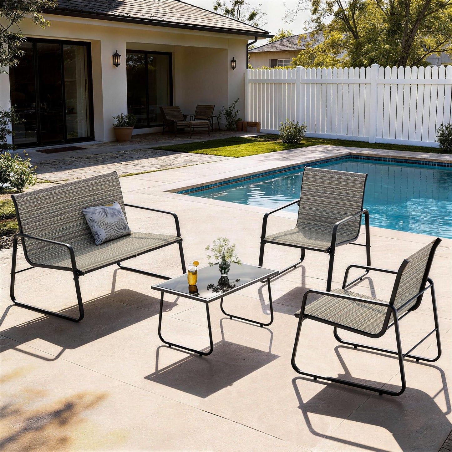 ALAULM 4 Pieces Outdoor Furniture Set All Weather Textile Fabric Patio Conversation Set w/Coffee Table, Loveseat, 2 Single Chairs for Patio, Yard, Garden, Lawn(Brown)