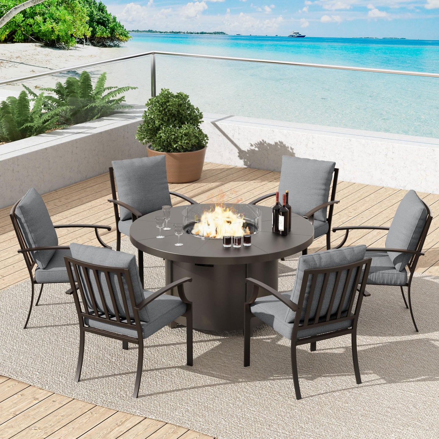 ALAULM 7PCS Metal Outdoor Patio Furniture Set with 48"/55000 BTU Round Propane Fire Pit Table,Patio Conversation Sets 6 Fixed Chairs No-Slip Cushions