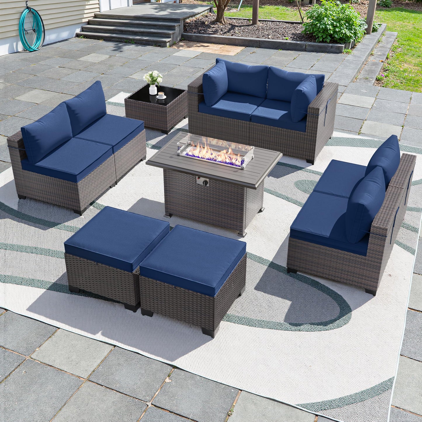 Gotland 10 Pieces Outdoor Patio Furniture Set, Outdoor Sectional Furniture with 43" 55000 BTU Gas Propane Fire Pit Table, All Weather PE Rattan Wicker Patio Conversation Set with 2 Ottomans