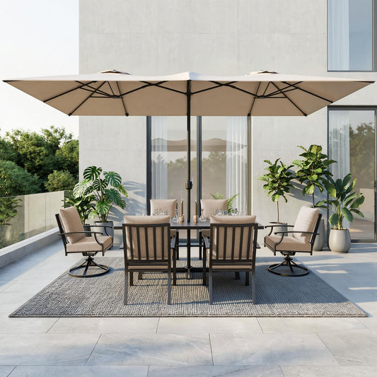 Gotland 8PCS Outdoor Patio Dining Set with 13.6ft Double-Sided Patio Umbrella, Patio Table and Chairs Metal Outdoor Patio Furniture Set, Dining Table Set with 2 Swivel Chairs