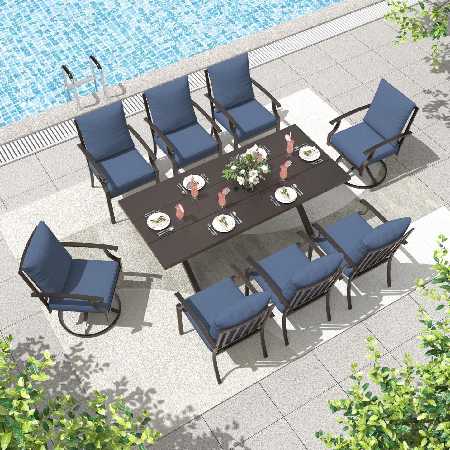 9-Piece Patio Dining Set | Swivel Chairs & Metal Table with Umbrella Hole
