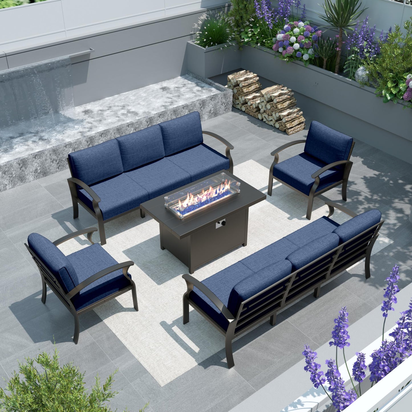 Gotland 8 Seats Outdoor Metal Patio Furniture Set with 55,000 BTU Gas Fire Pit Table w/Glass Wind Guard Patio Conversation Sectional Sofa Sets
