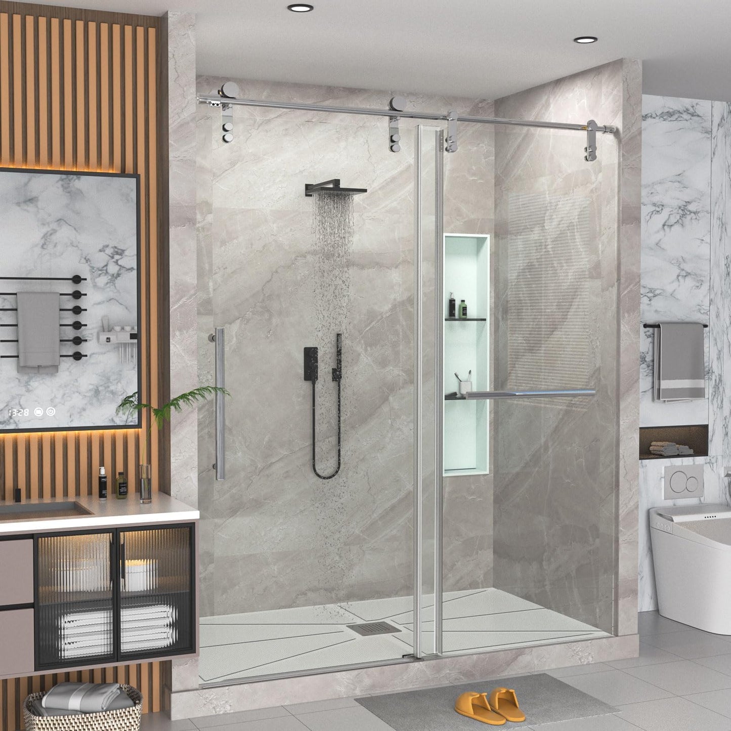 Gotland 56-60" W x 75" H Frameless Shower Door, Sliding Shower Door with 5/16" (8mm) Clear SGCC Tempered Glass Stainless Steel Hardware Waterproof Seal Explosion-Proof Film, Glass Shower Door