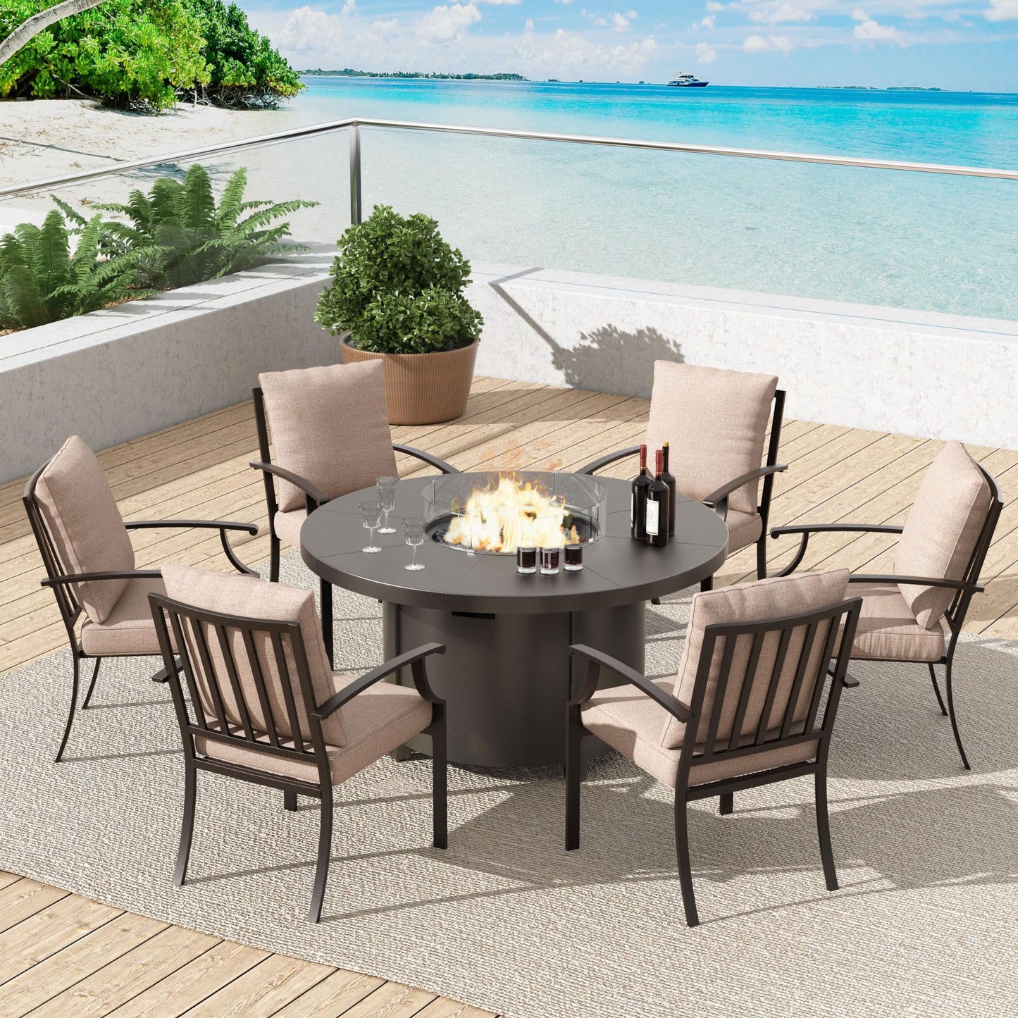 ALAULM 7PCS Metal Outdoor Patio Furniture Set with 48"/55000 BTU Round Propane Fire Pit Table,Patio Conversation Sets 6 Fixed Chairs No-Slip Cushions