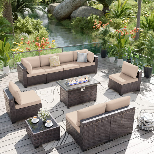 ALAULM 10-Piece Outdoor Patio Furniture Set – Sectional Sofa with CSA-Certified Fire Pit Table