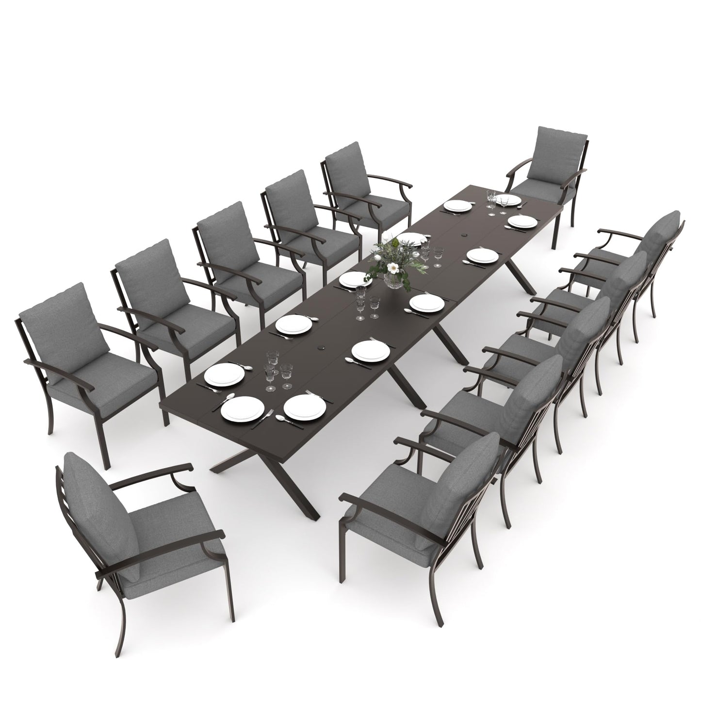 Gotland 14 Piece Outdoor Dining Set, Metal Outdoor Table and Chairs with X-Shaped Legs 1.5" Umbrella Hole, Patio Furniture Set with Waterproof Cushions,for Backyard Deck